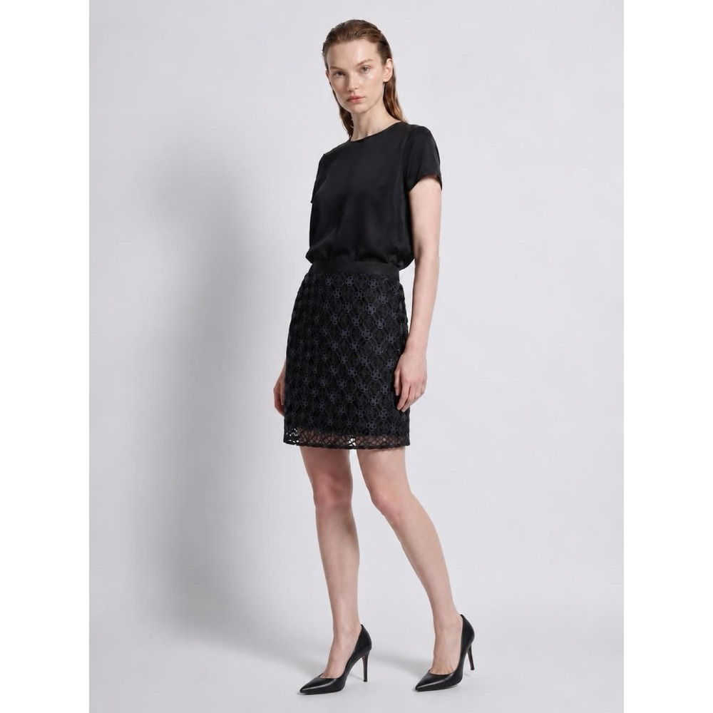 Ann Taylor Lace Pencil Skirt 6P Black Navy Cotton Grosgrain Elastic Waist Petite